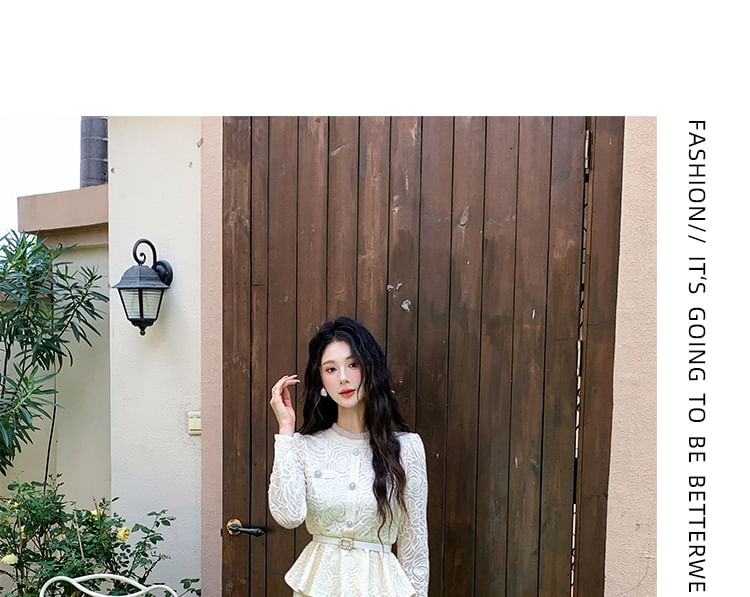 Set: Long-Sleeve Stand Collar Peplum Lace Blouse + High Waist Maxi A-Line Skirt