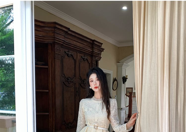 Set: Long-Sleeve Stand Collar Peplum Lace Blouse + High Waist Maxi A-Line Skirt