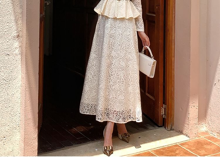 Set: Long-Sleeve Stand Collar Peplum Lace Blouse + High Waist Maxi A-Line Skirt