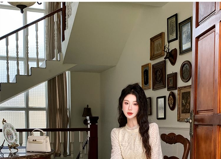 Set: Long-Sleeve Stand Collar Peplum Lace Blouse + High Waist Maxi A-Line Skirt