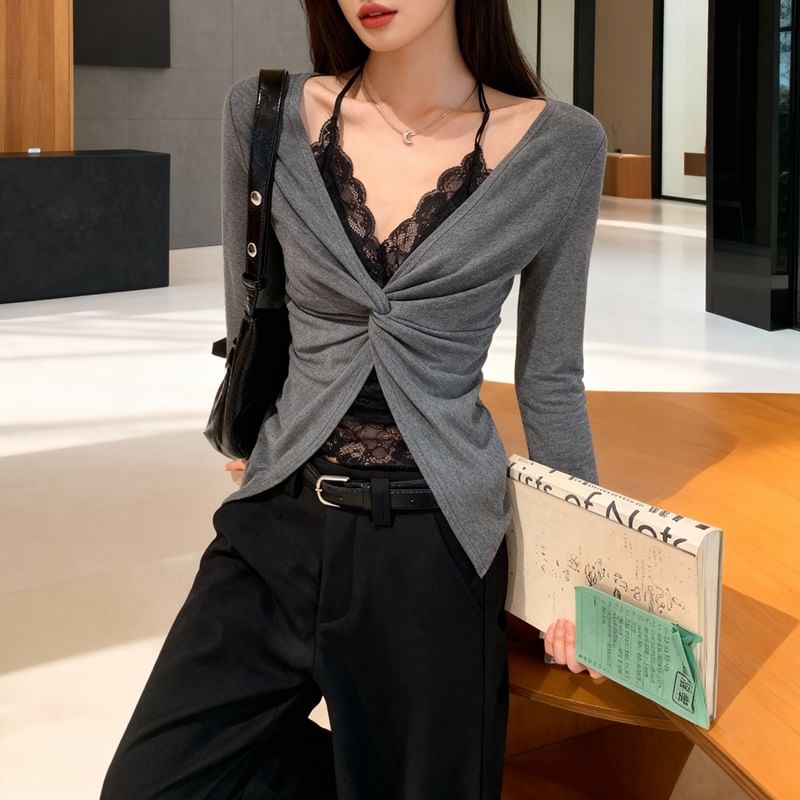 Mock Two-Piece Halter V-Neck Crop Top with Long Sleeves, Lace Panel, and Slit