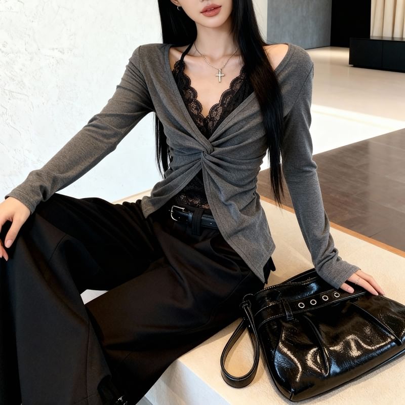 Mock Two-Piece Halter V-Neck Crop Top with Long Sleeves, Lace Panel, and Slit
