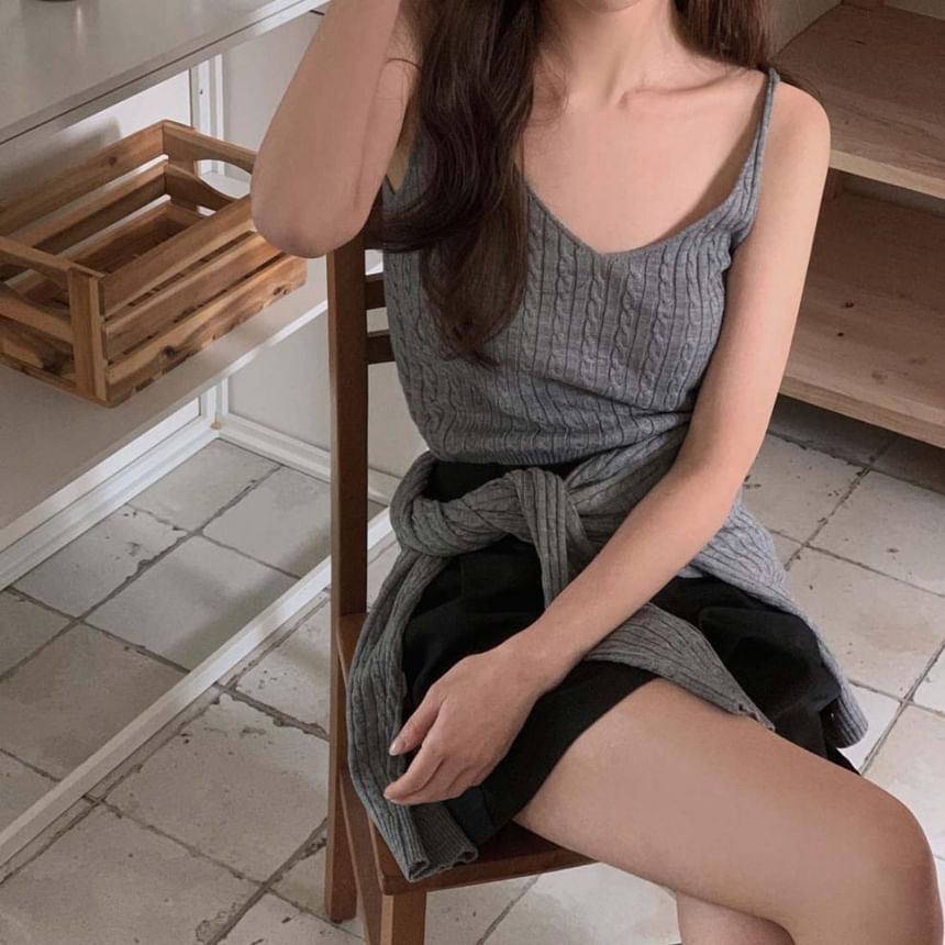 Cable Knit V-Neck Cami & Crewneck Cardigan Two-Piece Set