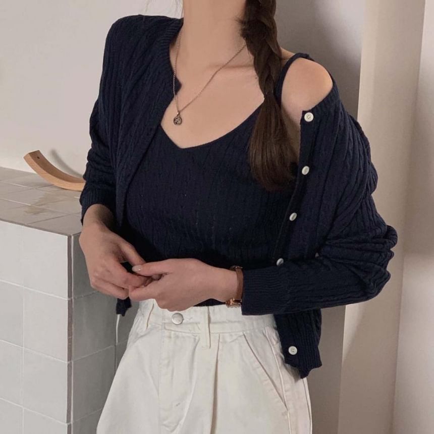 Cable Knit V-Neck Cami & Crewneck Cardigan Two-Piece Set