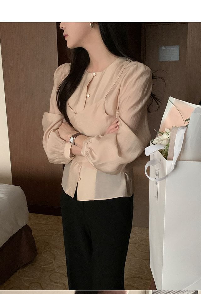 Mock Two-Piece Round Neck Long Sleeve Solid Blouse