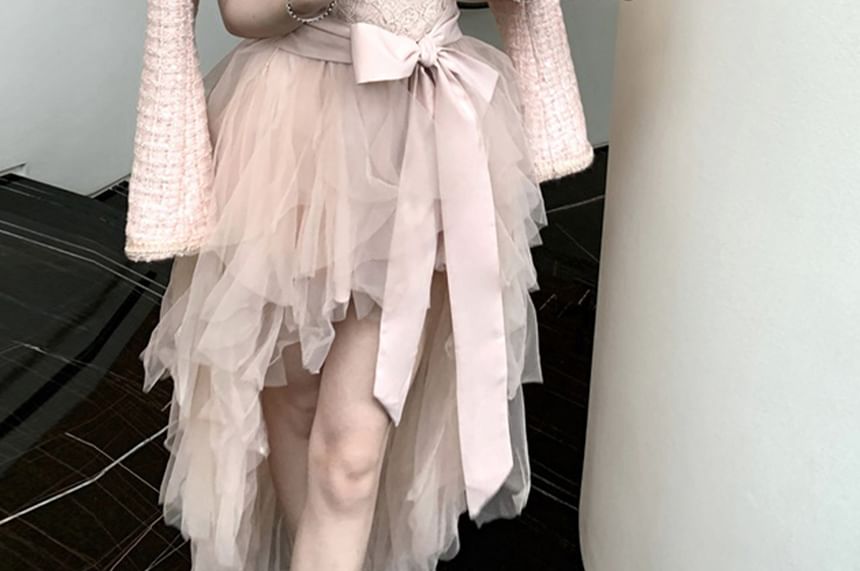 Cap-Sleeve V-Neck Lace Panel Tie Waist Mesh High Low A-Line Dress / Crew Neck Button-Up Tweed Crop Jacket / Set