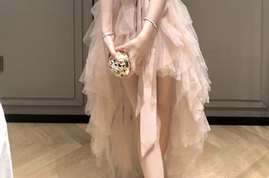 Cap-Sleeve V-Neck Lace Panel Tie Waist Mesh High Low A-Line Dress / Crew Neck Button-Up Tweed Crop Jacket / Set