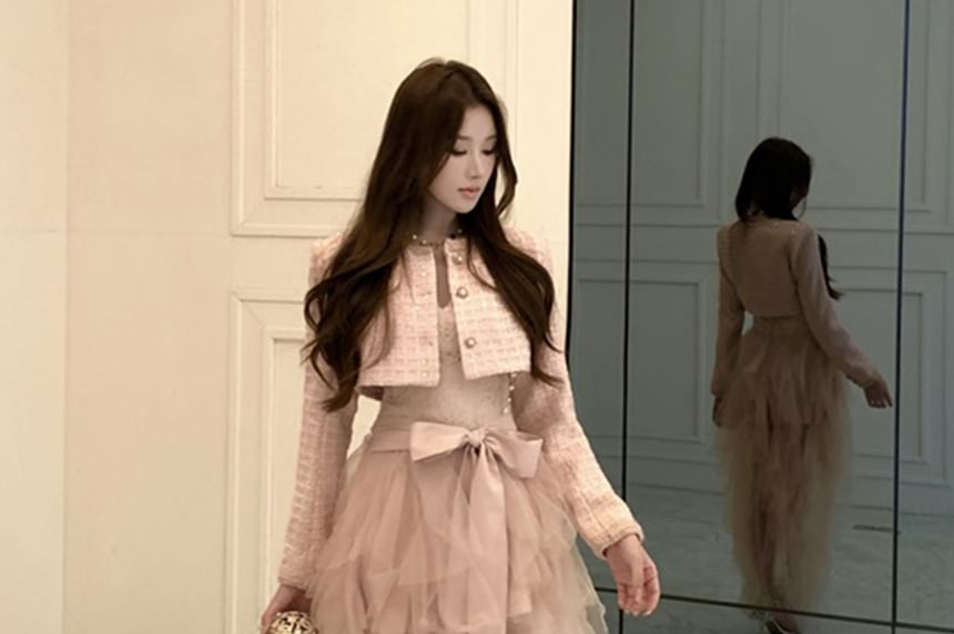 Cap-Sleeve V-Neck Lace Panel Tie Waist Mesh High Low A-Line Dress / Crew Neck Button-Up Tweed Crop Jacket / Set