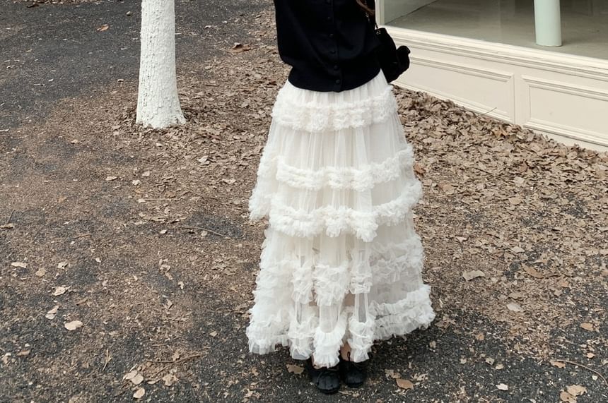 Round Neck Two Tone Ruffle Cardigan / Elastic Waist Plain Tiered Mesh Maxi A-Line Skirt