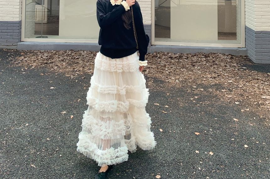Two Tone Ruffle Cardigan and Tiered Mesh Maxi Skirt