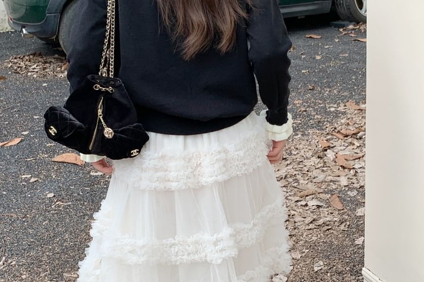 Round Neck Two Tone Ruffle Cardigan / Elastic Waist Plain Tiered Mesh Maxi A-Line Skirt