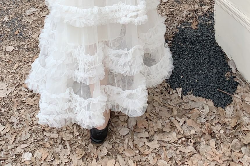 Round Neck Two Tone Ruffle Cardigan / Elastic Waist Plain Tiered Mesh Maxi A-Line Skirt