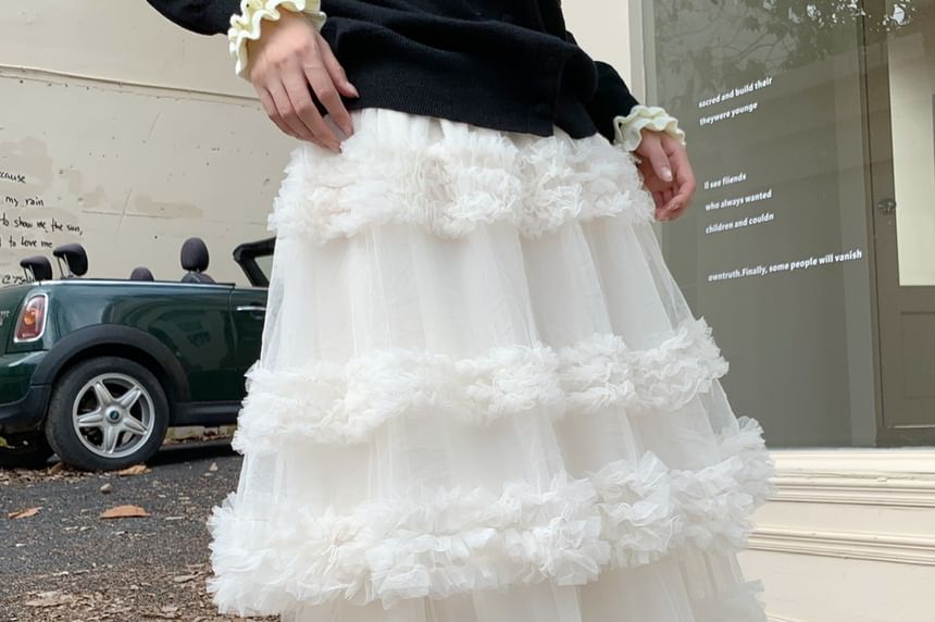 Round Neck Two Tone Ruffle Cardigan / Elastic Waist Plain Tiered Mesh Maxi A-Line Skirt