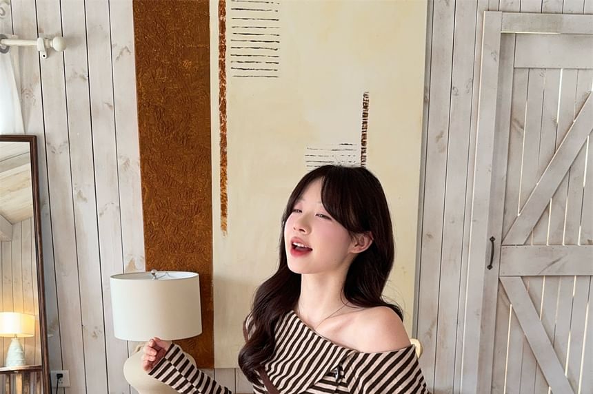 One Shoulder Striped Top and Pleated Mini Skirt