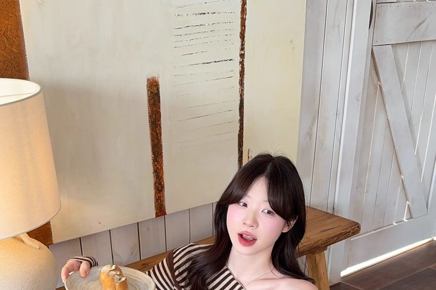 One Shoulder Striped Top and Pleated Mini Skirt