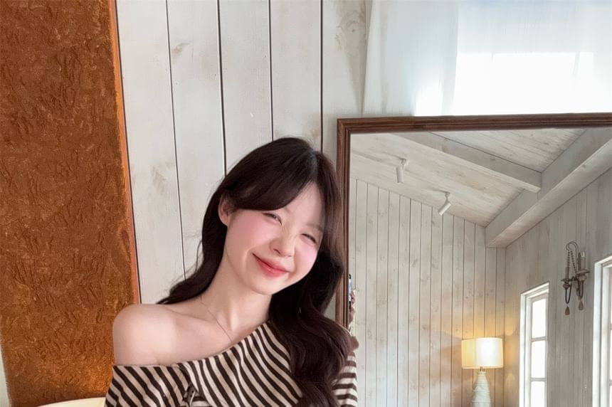 One Shoulder Striped Top and Pleated Mini Skirt