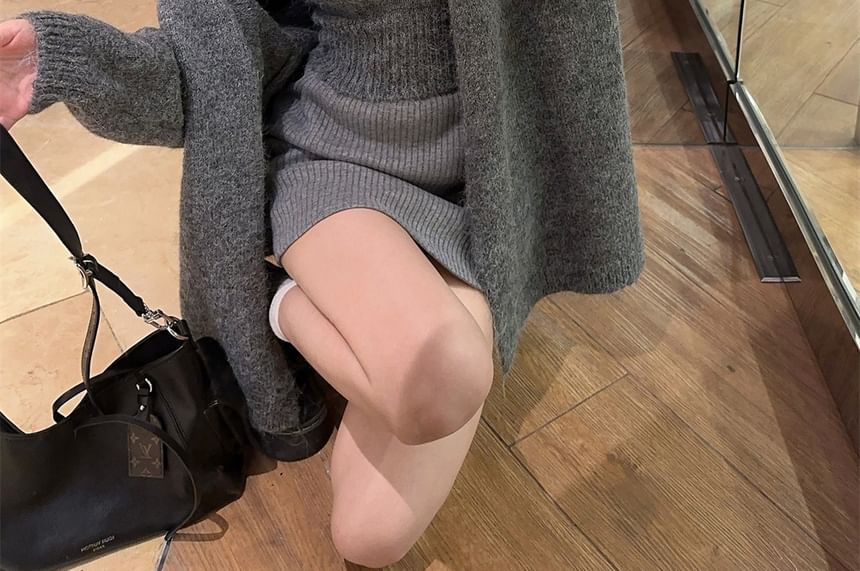 Set: Crew Neck Plain Knit Tank Top + Open Front Cardigan