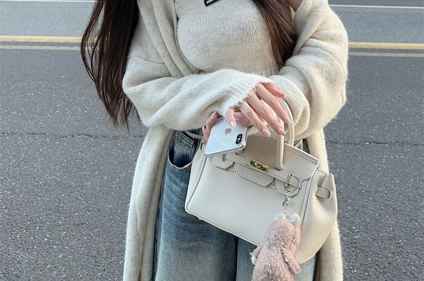 Set: Crew Neck Plain Knit Tank Top + Open Front Cardigan