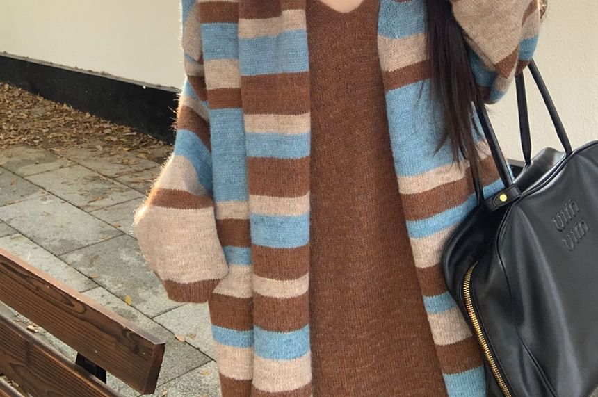 Striped Cardigan / Scarf / V-Neck Plain Knit Maxi A-Line Dress / Set
