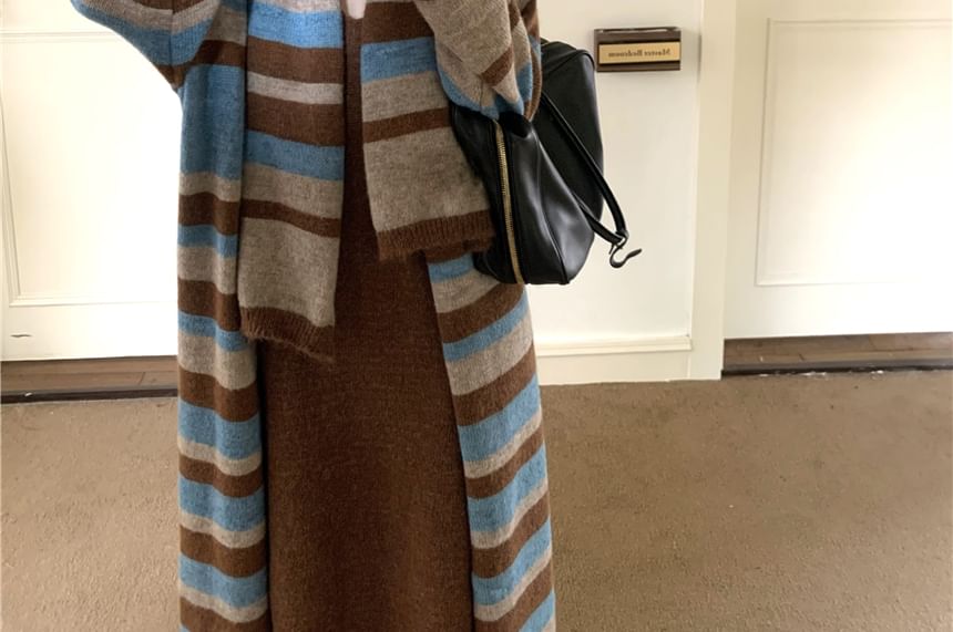 Striped Cardigan / Scarf / V-Neck Plain Knit Maxi A-Line Dress / Set