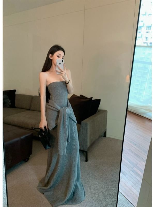 Set: Plain Cardigan + Strapless Knit Maxi A-Line Dress