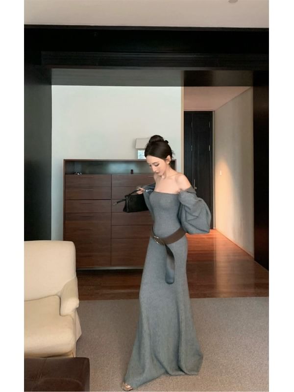Set: Plain Cardigan + Strapless Knit Maxi A-Line Dress