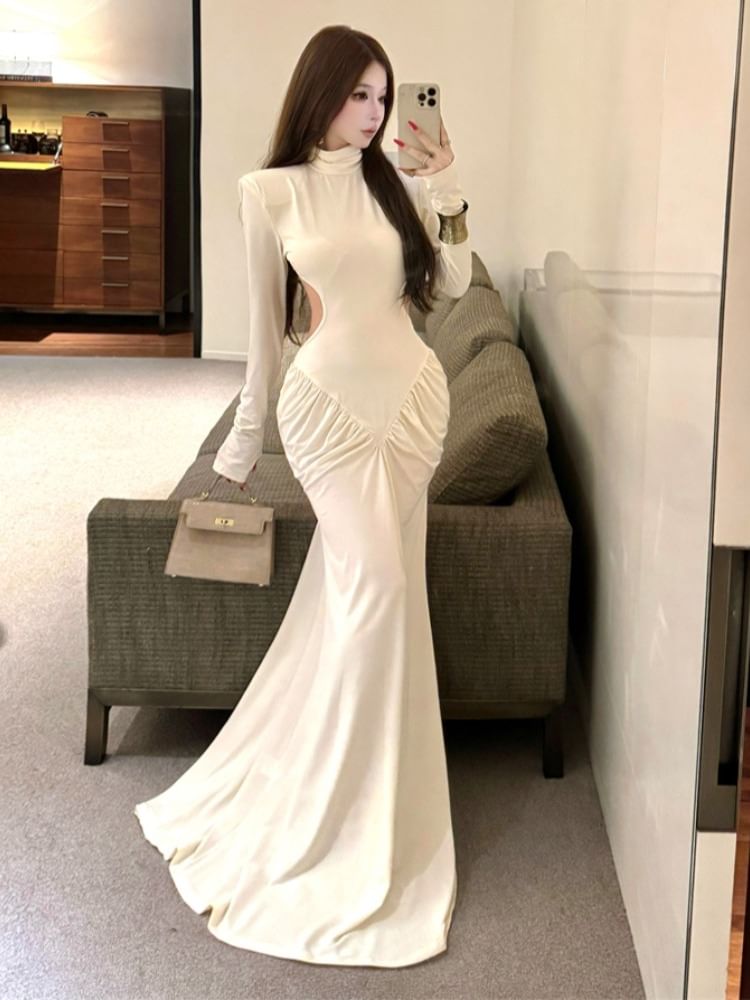 Long-Sleeve Mock Neck Plain Maxi Triumph Dress