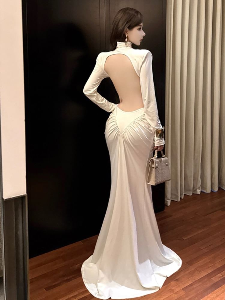 Long-Sleeve Mock Neck Plain Maxi Triumph Dress