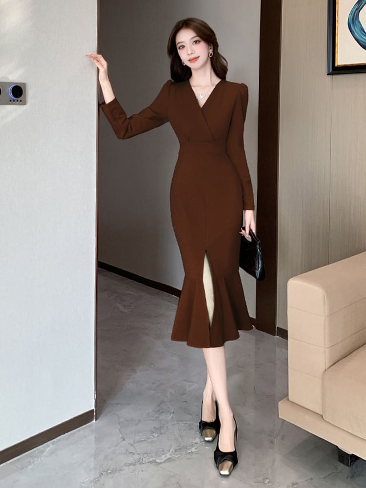 Long-Sleeve V-Neck Plain Maxi Mermaid Dress