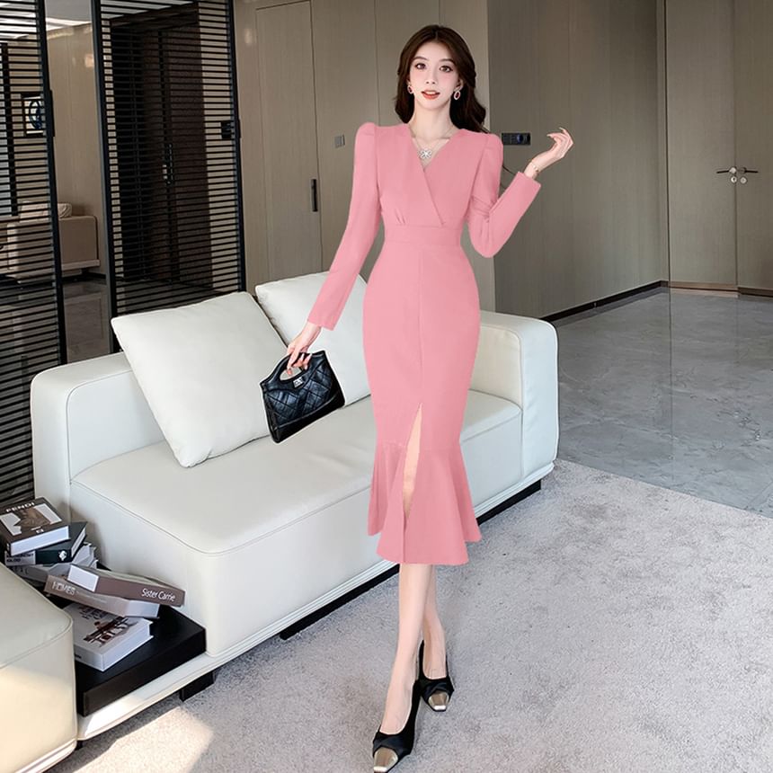 Long-Sleeve V-Neck Plain Maxi Mermaid Dress