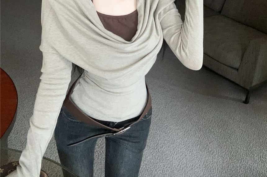 Mock Two-Piece Cowl Neck Halter Slim Fit Long-Sleeve T-Shirt