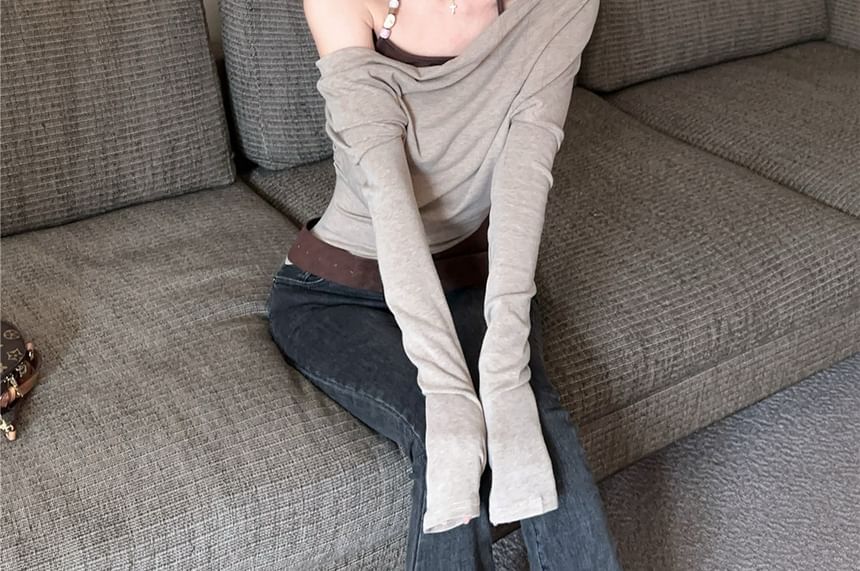Mock Two-Piece Cowl Neck Halter Slim Fit Long-Sleeve T-Shirt