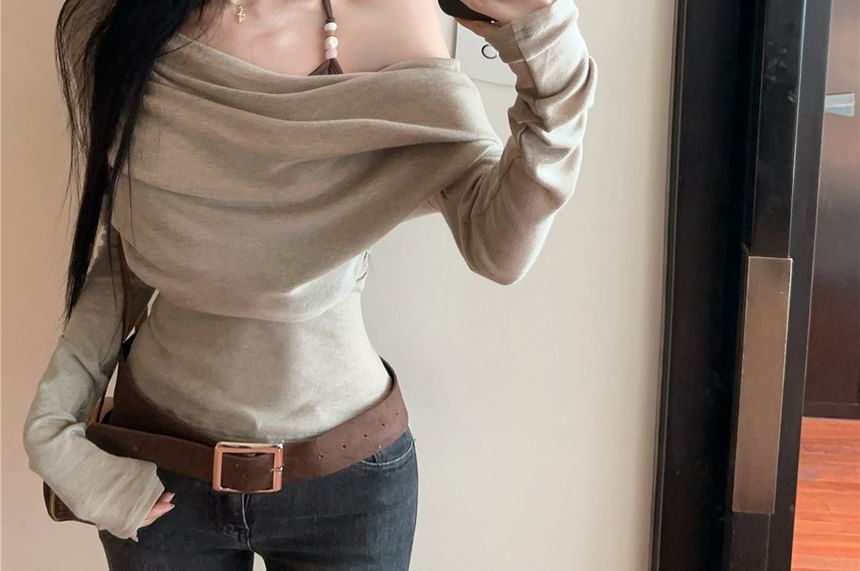 Mock Two-Piece Cowl Neck Halter Slim Fit Long-Sleeve T-Shirt