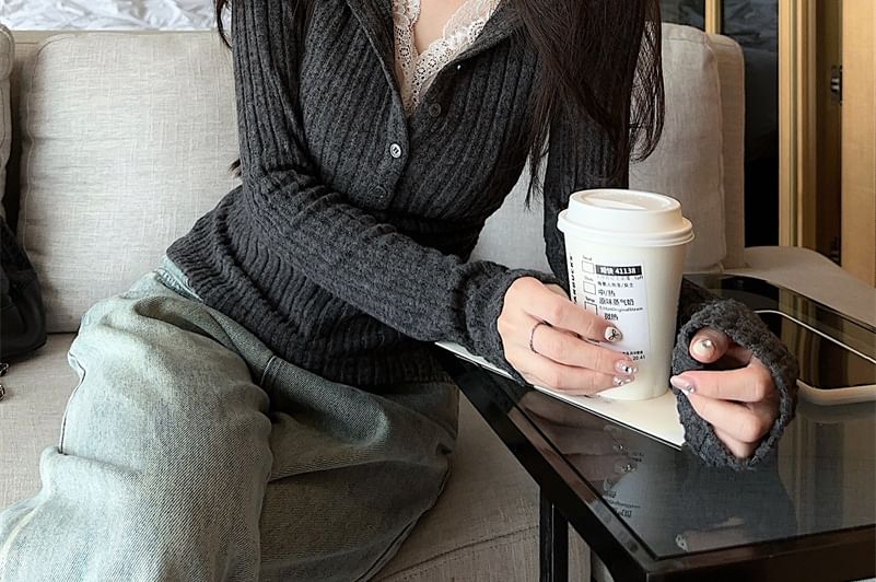 Mock Two-Piece Henley Melange Lace Panel Ribbed Slim Fit Long-Sleeve T-Shirt