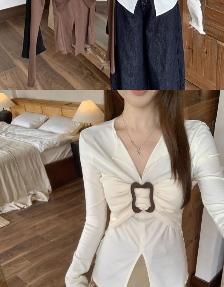 Plain Notch Neck Buckled Slit Slim Fit Long-Sleeve T-Shirt