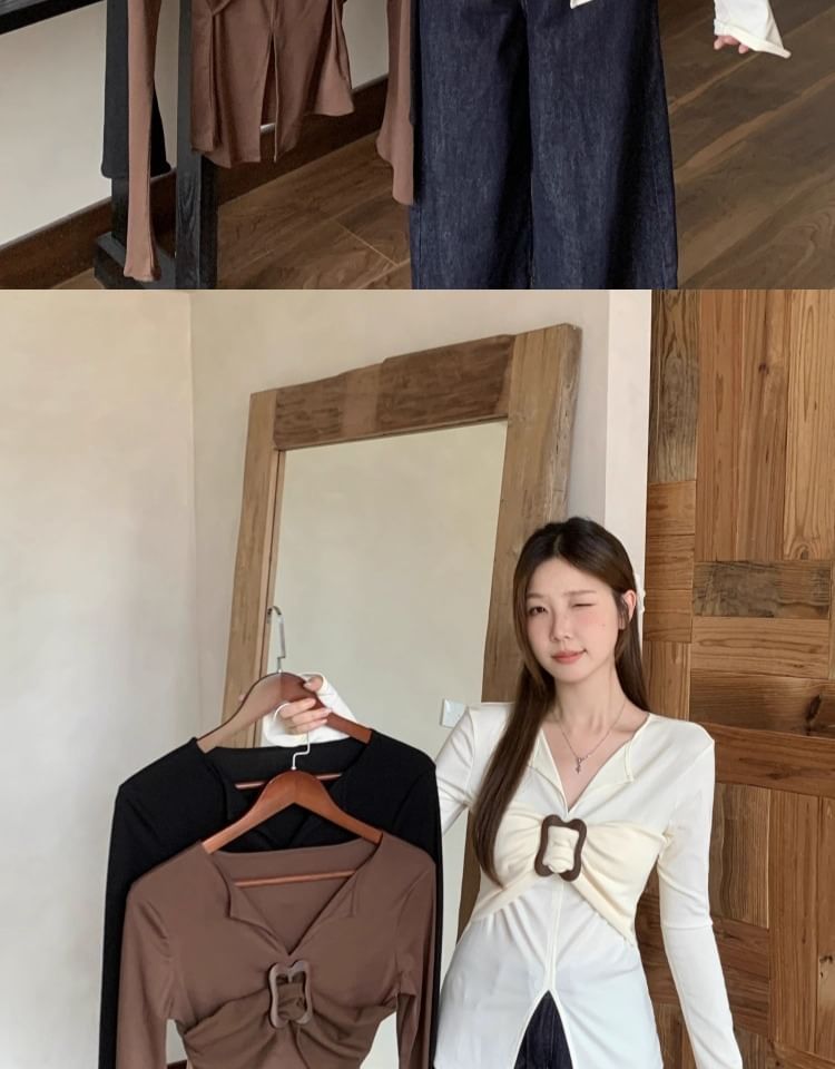Plain Notch Neck Buckled Slit Slim Fit Long-Sleeve T-Shirt