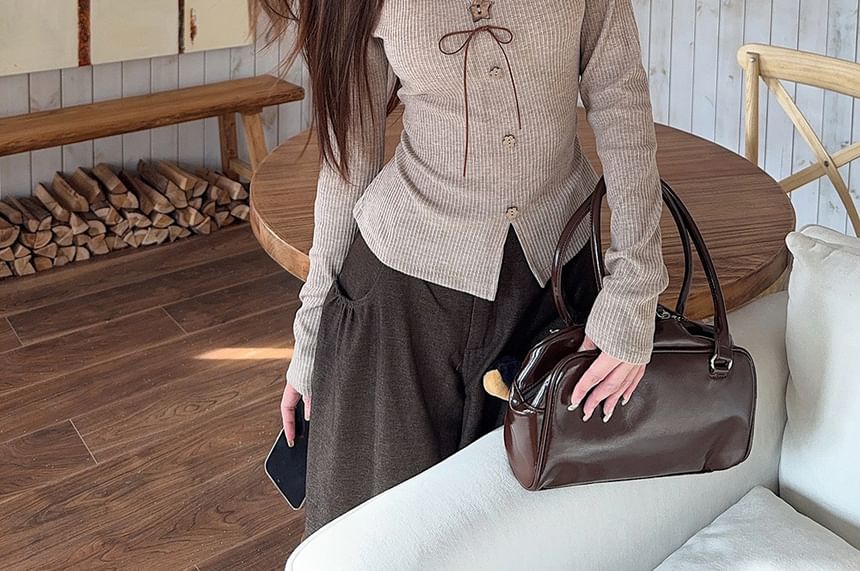 Ribbed V-Neck Button Slim Fit Long-Sleeve T-Shirt