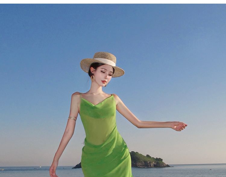 Spaghetti Strap V-Neck Plain Maxi Sheath Dress