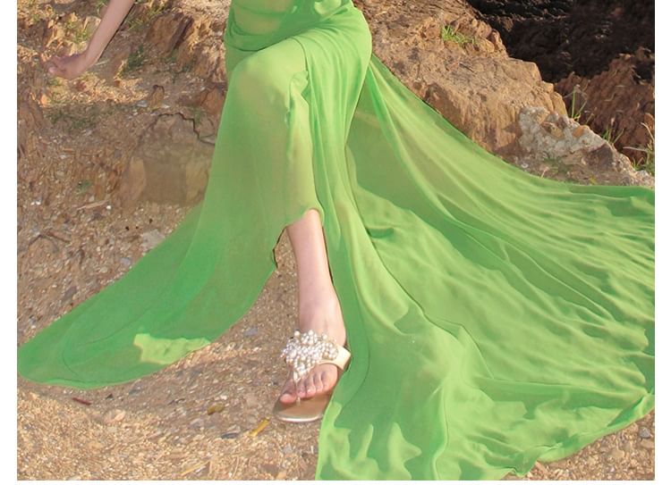 Spaghetti Strap V-Neck Plain Maxi Sheath Dress