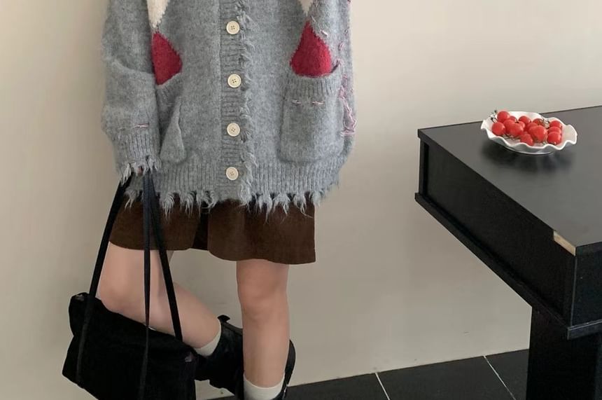 V-Neck Argyle Distressed Cardigan