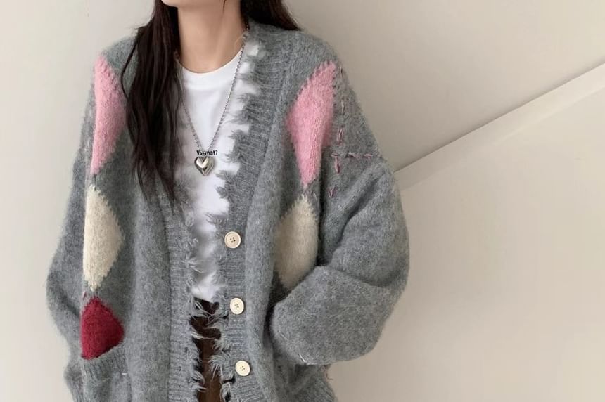V-Neck Argyle Distressed Cardigan