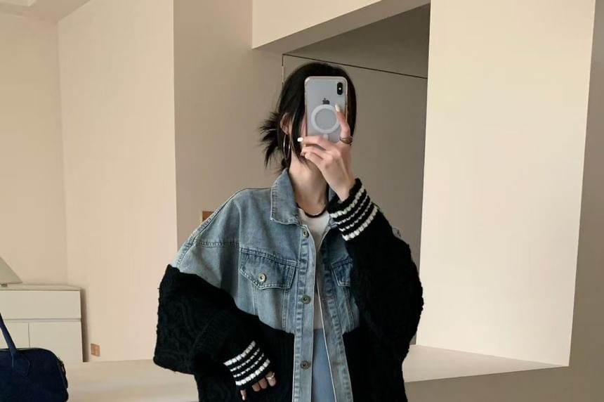 Collared Striped Washed Cable Knit Panel Denim Button Cardigan