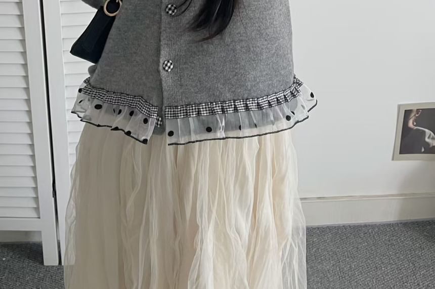 Round Neck Dotted Plaid Panel Mesh Ruffle Cardigan