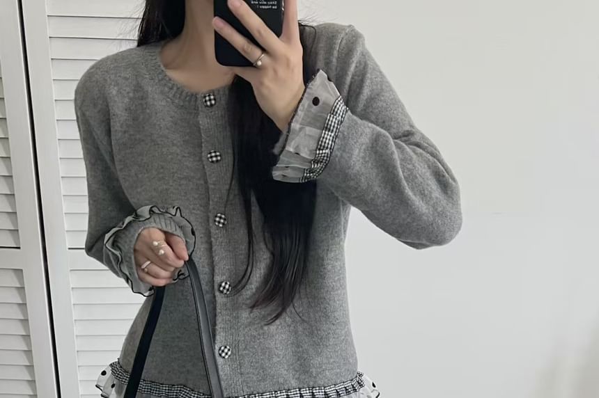 Round Neck Dotted Plaid Panel Mesh Ruffle Cardigan