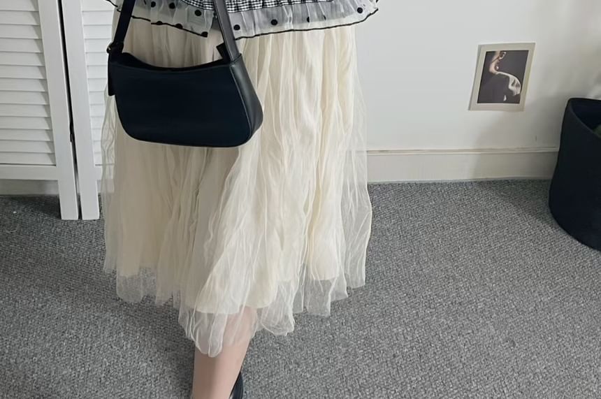 Round Neck Dotted Plaid Panel Mesh Ruffle Cardigan