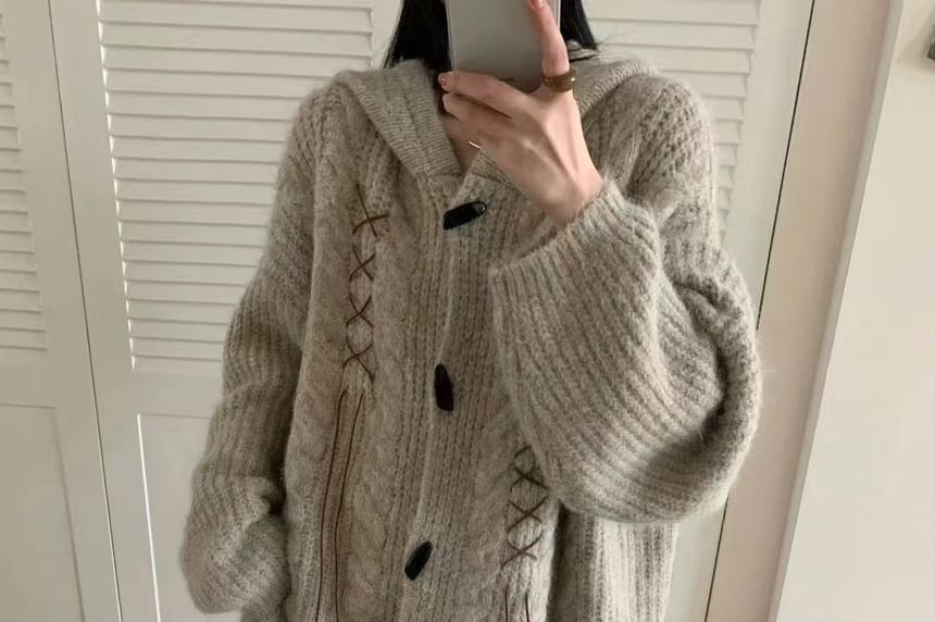 Plain Lace Up Hood Cable Knit Toggle Cardigan