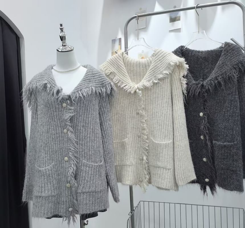 Collared Plain Fringe Ribbed Cardigan
