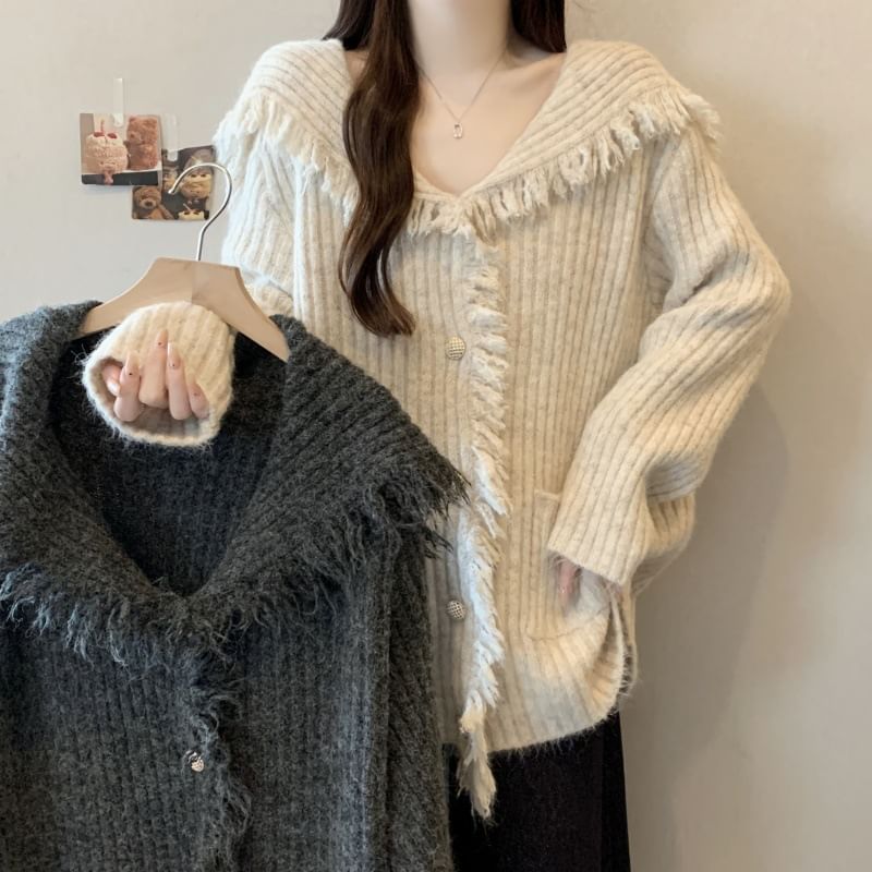 Collared Plain Fringe Ribbed Cardigan