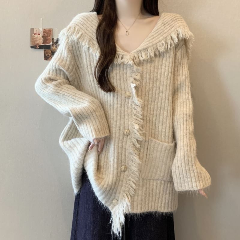 Collared Plain Fringe Ribbed Cardigan
