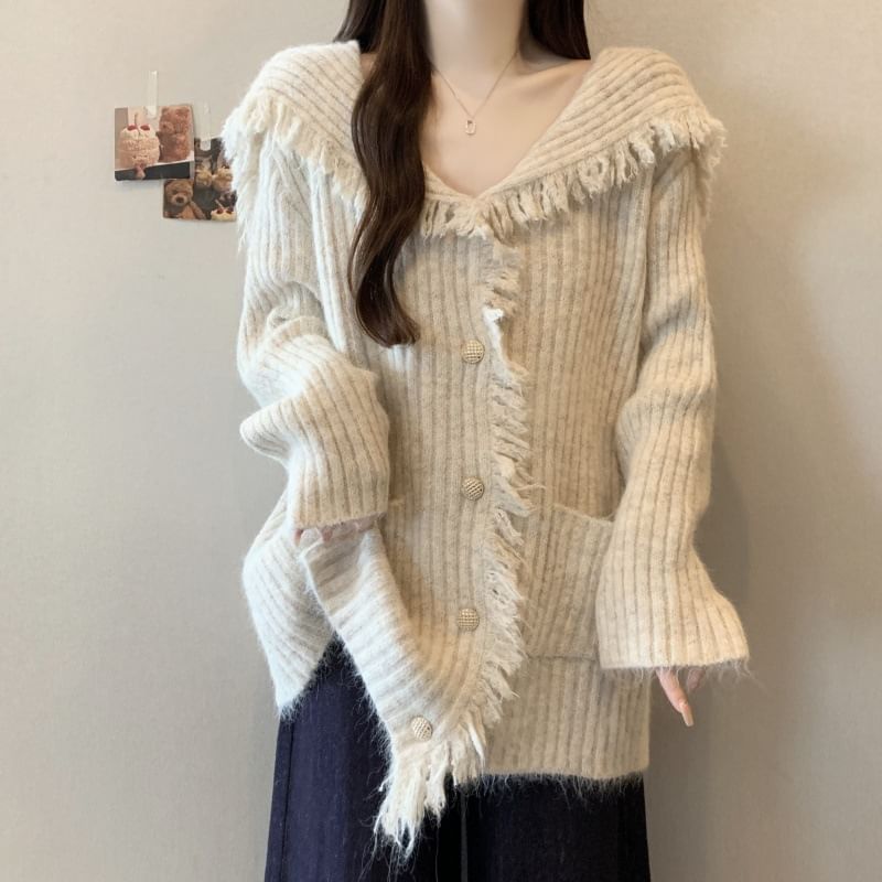Collared Plain Fringe Ribbed Cardigan